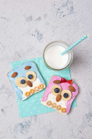 Owl toasts with colored spreads, food for kids idea, top viewの写真素材
