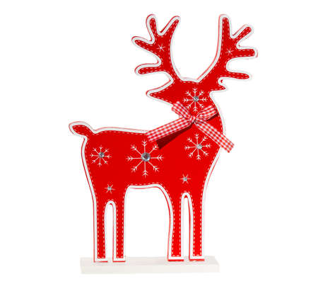 Red wooden Christmas reindeer isolated on white backgroundの写真素材