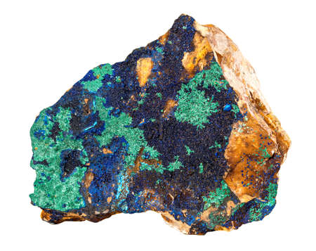 Azurite deep blue with green copper mineral rock isolated on white backgroundの写真素材