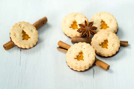 Christmas cookies with christmas tree, cinnamon and aniseの写真素材