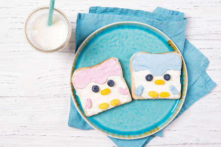 Cute penguin toasts with spread on a plate, food for kids ideas, top viewの写真素材