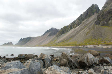 Beautiful coast Stokksnes with view to the Atlantic ocean and mountains, East Icelandの写真素材