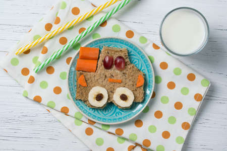 Funny sandwich with car, meal for kids idea, top viewの写真素材