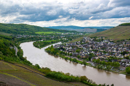 Landscape with Mosel valley, river and Bernkastel-Kues town, Germanyの写真素材