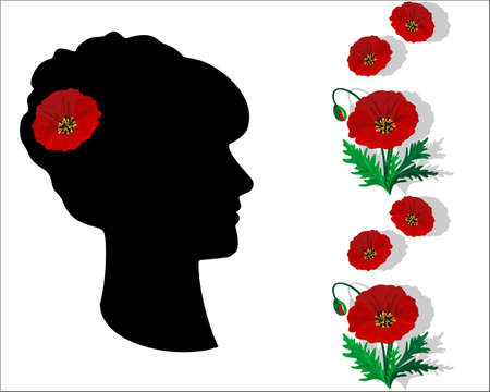 Silhouette of beautiful girl with poppy in hairのイラスト素材