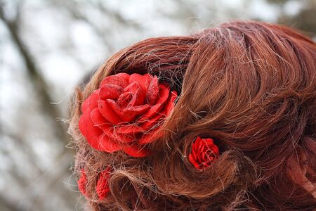 hairstyle with some red rosesの写真素材