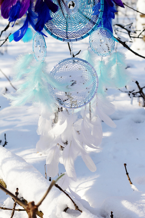 photo of a dreamcatcher made by hand, with using threads, beads and feathers roosterの写真素材