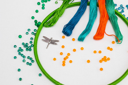 set for making a Dreamcatcher, beads, thread on a white backgroundの写真素材