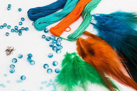 set for making a Dreamcatcher, beads, thread on a white backgroundの写真素材