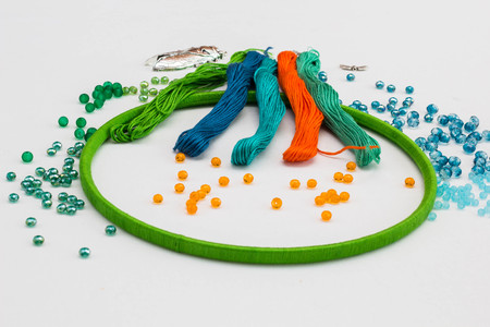 set for making a Dreamcatcher, beads, thread on a white backgroundの写真素材