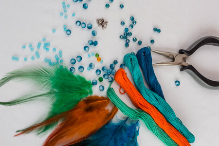 set for making a Dreamcatcher, beads, thread on a white backgroundの写真素材