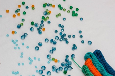 set for making a Dreamcatcher, beads, thread on a white backgroundの写真素材