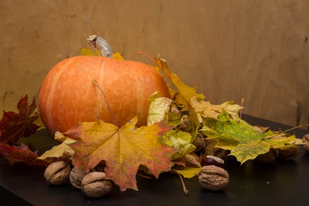 October nature concept with pumpkins, walnuts, chestnuts and autumn leavesの写真素材