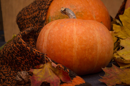 Autumn still life. Autumn leaves, warm scarf and pumpkin. Top viewの写真素材