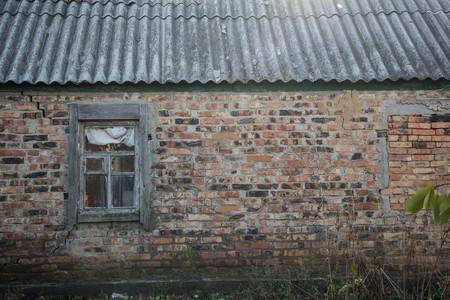 an image of old window on red brick wallの写真素材