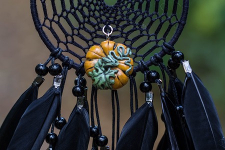 Dreamcatcher made of feathers pumpkin beads and ropes, hangingの写真素材
