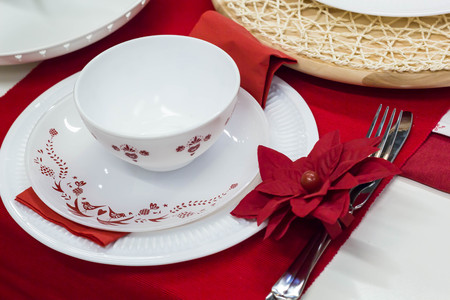red decoration of table and red flower napkinの写真素材