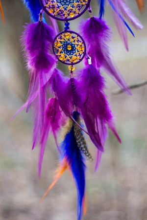 Red black and purple Dreamcatcher with bat made of feathers leather beads and ropes, hangingの写真素材