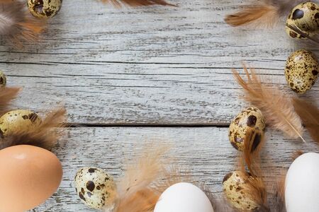 Easter background made from Easter eggs and chicken feathers frame. Copy space.の写真素材