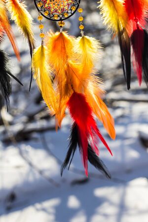 Colorful Dreamcatcher made of feathers leather beads and ropes, hanging, handmadeの写真素材