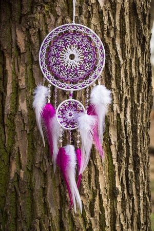 Red black and purple Dreamcatcher with bat made of feathers leather beads and ropes, hangingの写真素材