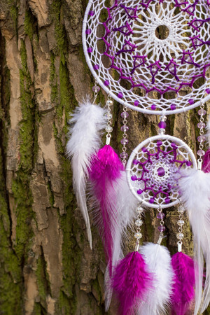Red black and purple Dreamcatcher with bat made of feathers leather beads and ropes, hangingの写真素材