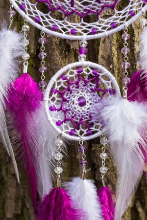 Red black and purple Dreamcatcher with bat made of feathers leather beads and ropes, hangingの写真素材