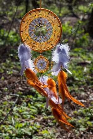 Colorful Dreamcatcher made of feathers leather beads and ropes, hanging, handmadeの写真素材