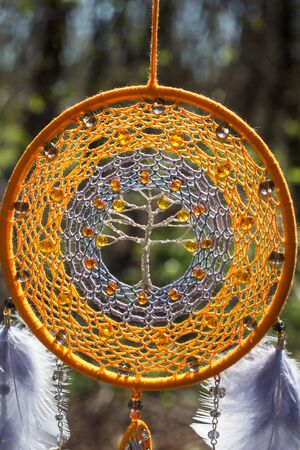 Colorful Dreamcatcher made of feathers leather beads and ropes, hanging, handmadeの写真素材