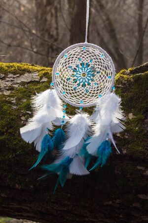Colorful Dreamcatcher made of feathers leather beads and ropes, hanging, handmadeの写真素材