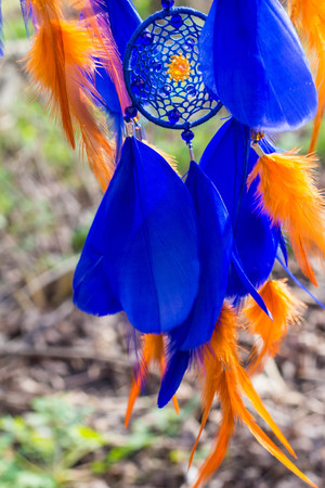 Colorful Dreamcatcher made of feathers leather beads and ropes, hanging, handmadeの写真素材