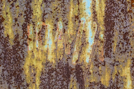Corroded metal background. Rusted painted metal wall corrosion with streaks of rust