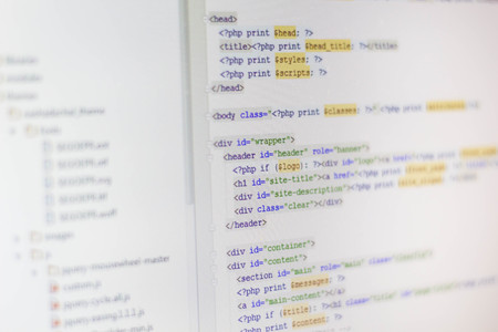 Software developer programming code. Abstract computer script code. Programming code abstract screen of software developer. Computer script. Programming Work Time. Programmer Typing Lines HTML Code.の写真素材