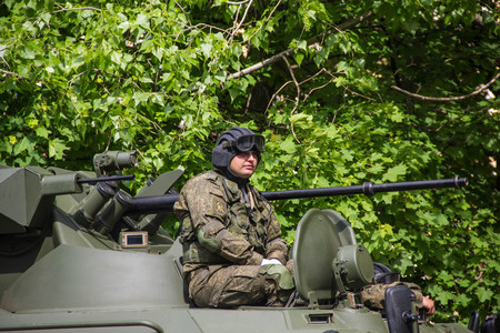 NOVOCHERKASSK 9 MAY 2017: Unidentified russian soldiers driving a tank on the streets of Novocherkassk in Victory Day paradeのeditorial素材