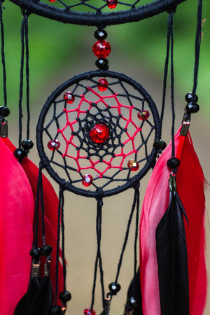 Dream catcher with feathers threads and beads rope hanging. Dreamcatcher handmadeの写真素材