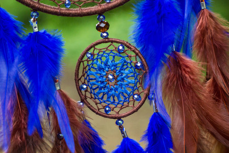 Dream catcher with feathers threads and beads rope hanging. Dreamcatcher handmadeの写真素材