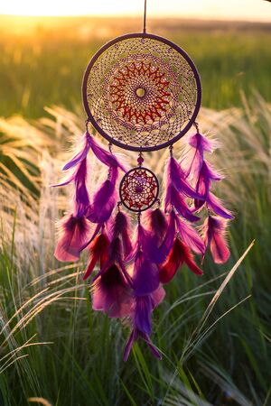 Colorful Dreamcatcher made of feathers leather beads and ropes, hanging, handmade