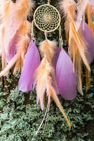 Dream catcher with feathers threads and beads rope hanging. Dreamcatcher handmadeの写真素材