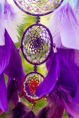 Dream catcher with feathers threads and beads rope hanging. Dreamcatcher handmadeの写真素材
