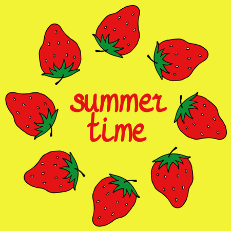 Strawberry vector summer pattern on yellow background.のイラスト素材