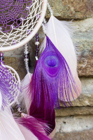 Dream catcher with feathers threads and beads rope hanging. Dreamcatcher handmadeの写真素材