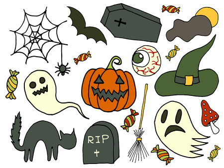 Sketchy vector hand drawn Doodle cartoon set of objects and symbols on the Halloween themeのイラスト素材