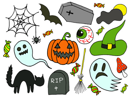 Sketchy vector hand drawn Doodle cartoon set of objects and symbols on the Halloween themeのイラスト素材