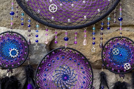 Dream catcher with feathers threads and beads rope hanging. Dreamcatcher handmadeの写真素材