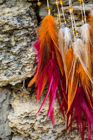 Dream catcher with feathers threads and beads rope hanging. Dreamcatcher handmadeの写真素材
