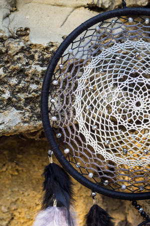 Dream catcher with feathers threads and beads rope hanging. Dreamcatcher handmadeの写真素材