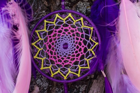 Dream catcher with feathers threads and beads rope hanging. Dreamcatcher handmadeの写真素材