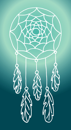 Illustration with hand drawn dream catcher. Feathers and beads. Doodle drawing.のイラスト素材