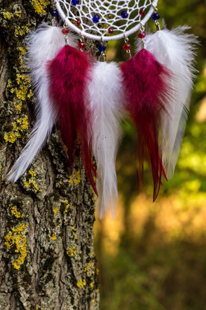 Dream catcher with feathers threads and beads rope hanging. Dreamcatcher handmadeの写真素材