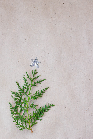 Christmas tree made of thuja branches and decorations star on rustic background. Christmas, new year concept. Flat lay, top view, copy space.の写真素材